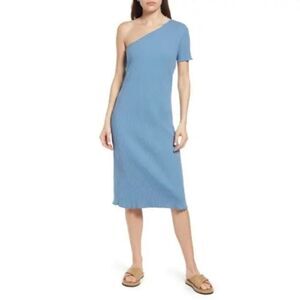 Rails One Shoulder Ribbed Midi Dress Blue Asymmetrical Size L NWT
